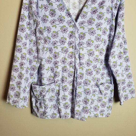 White Swan Light Purple Floral Velvet Button Down Scrub Jacket Coat Large - Picture 3 of 8